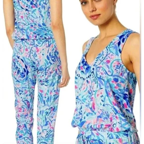 New Lilly Pulitzer Paulina Jumpsuit Tank XS Breakwater Party Wave Print Summer - Picture 4 of 15